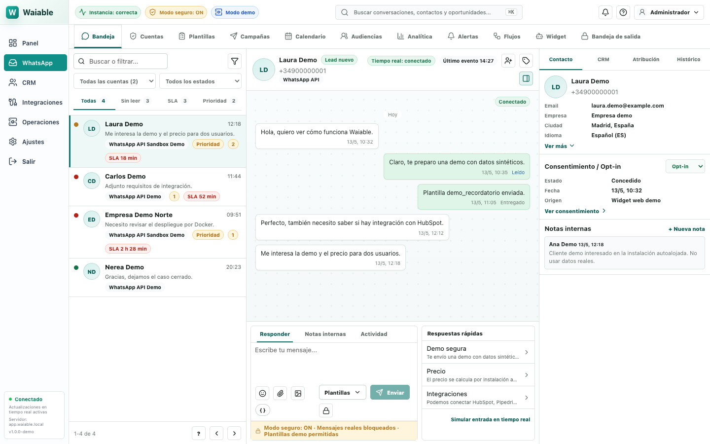 Bandeja de entrada actual de Waiable con conversaciones, chat, contacto y respuestas rápidas